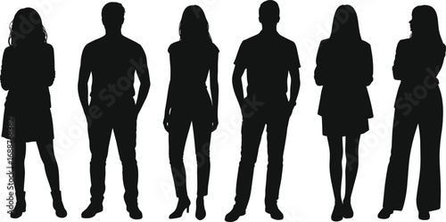 Silhouettes of people standing, diverse male and female figures, full body poses, black vector silhouettes, modern style, human shapes, flat vector illustration