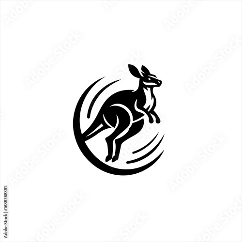 Stylized black kangaroo leaping within a circular motion graphic