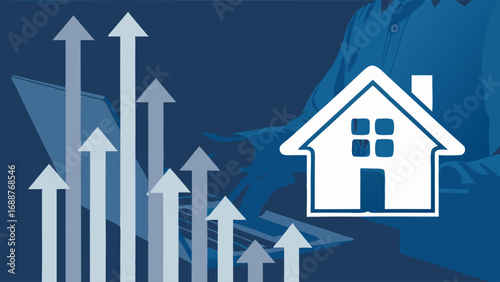 Abstract graphic depicting increasing house values laptop and upward arrows for real estate finance and growth concepts.