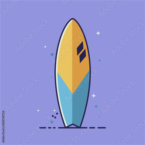A modern yellow and blue surfboard illustration with a diamond design, depicted in a flat, minimalist vector style.