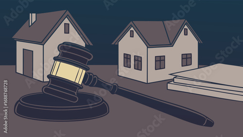 Auction Gavel with Houses and Documents Real Estate Law Concept Illustration.
