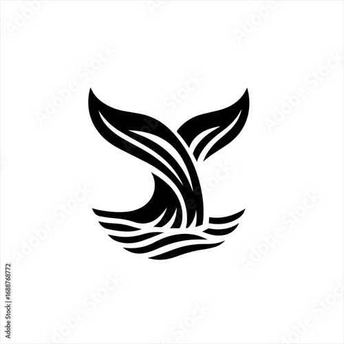 Stylized black whale tail fin emerging from stylized waves