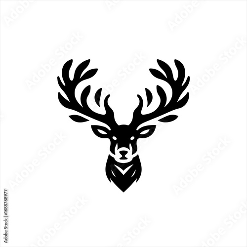 Stylized black deer head with antlers on white background