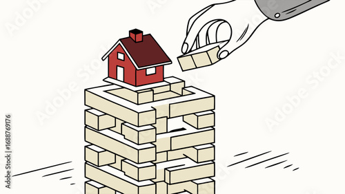 Building Construction House on Blocks Jenga Real Estate Risk Stability Home Building Architecture Illustration Conceptual Art Vector Graphic.