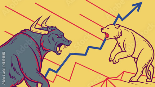 Bull vs Bear Market Trend Stock Market Illustration Financial Investment Graphic Upward Trend Chart Business Concept Art.