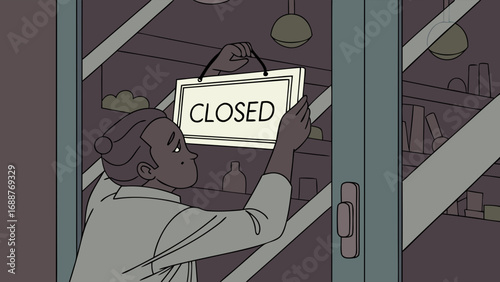 Business Closed Sign Shop Front Small Business Retail Lockdown Pandemic Closure Illustration Graphic Vector Cartoon Flat Design Minimalist Simple Sad Depressing Empty Shelves Goods Products Store Win.