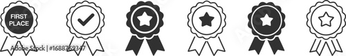 Award ribbon icons, badge symbols, first place medal, achievement design, prize ribbon, certification icons, honor award, success badge, victory symbols
