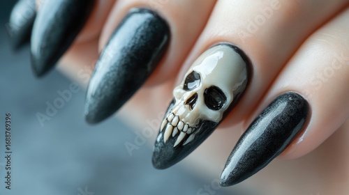 Skull-themed black nail art design for bold and edgy fashion