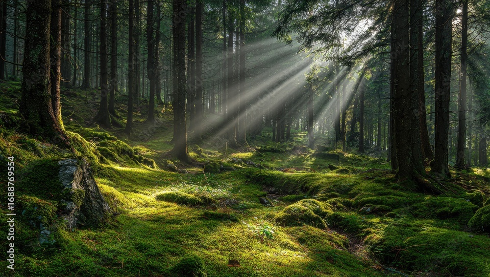 Fototapeta premium Sunlight streams through a mossy forest