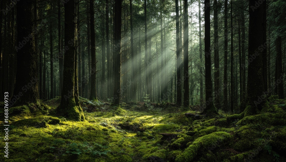 Obraz premium Sunlight streams through a dark forest (1)