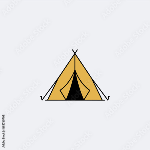 A simple, stylized illustration of a yellow A-frame tent with a dark entrance, set against a plain light background, symbolizing camping and outdoor shelter.