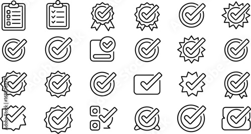 Check mark icons, approval symbols, verified badge, certification stamp, checklist line art, success icon, quality guarantee, correct symbol, validation design