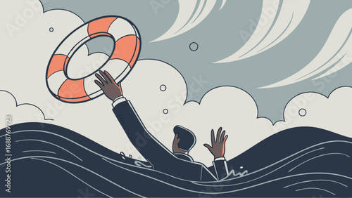 Businessman Reaching for Lifebuoy in Stormy Sea Conceptual Illustration of Crisis and Rescue.