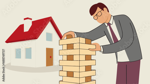 Businessman playing blocks game near house illustration planning strategy risk real estate home ownership investment finance stability challenge gamble careful success failure decision choice careful.