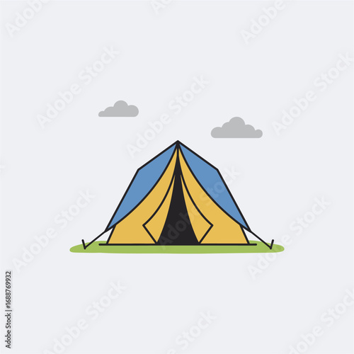 A simple, colorful illustration of a yellow and blue camping tent pitched on green grass under two grey clouds.