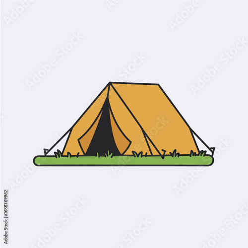 Cartoon-style orange tent with an open entrance pitched on a strip of green grass.