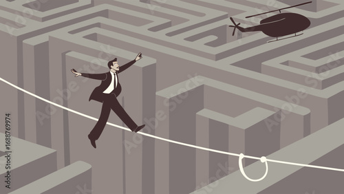 Businessman walking tightrope above maze with helicopter challenge risk success solution strategy problem-solving business concept illustration graphic design vector art metaphor obstacle goal ambiti.