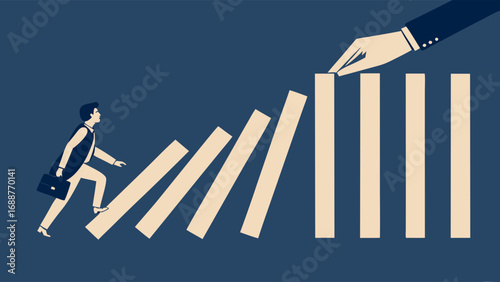 Businessperson Walking on Falling Dominos Risk Management Business Strategy Illustration.