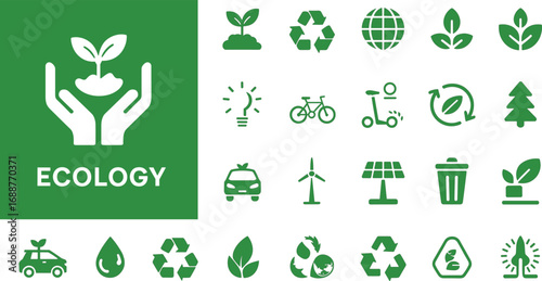 Ecology icons, green energy, eco friendly, renewable resources, recycling, clean planet, sustainable living, solar power, wind energy, climate protection, nature care