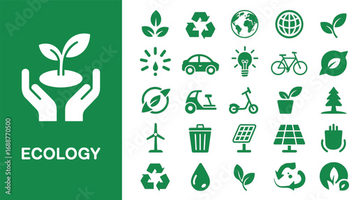 Ecology icons, green energy, renewable resources, recycling symbols, eco transport, solar power, sustainable living, environment care, clean energy, climate protection