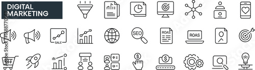 Digital marketing icons, SEO analytics, online business growth, advertising strategy, social media, sales funnel, ecommerce, ROI optimization, data analysis
