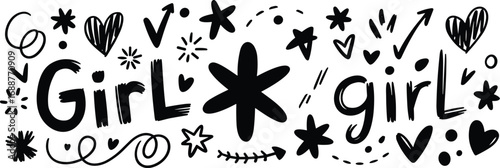 Girl doodle lettering illustration, hand drawn typography with stars and hearts, playful black and white design, feminine vector art style