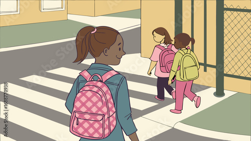 Children crossing a street back to school safety illustration cartoon kids with backpacks.