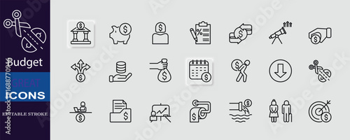 Budget and finance icon set in editable stroke style, featuring savings, expenses, planning, income, and investment for business and personal finance.
