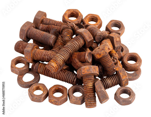 Rusty Bolts and Nuts Pile on Transparent Background