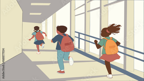 Children running down a school hallway back view kids with backpacks education school kids students running hallway corridor interior back to school childrens illustration cartoon vector graphic desi.