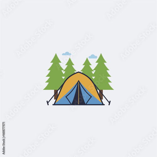 A stylized illustration of a camping tent set amidst pine trees and clouds.