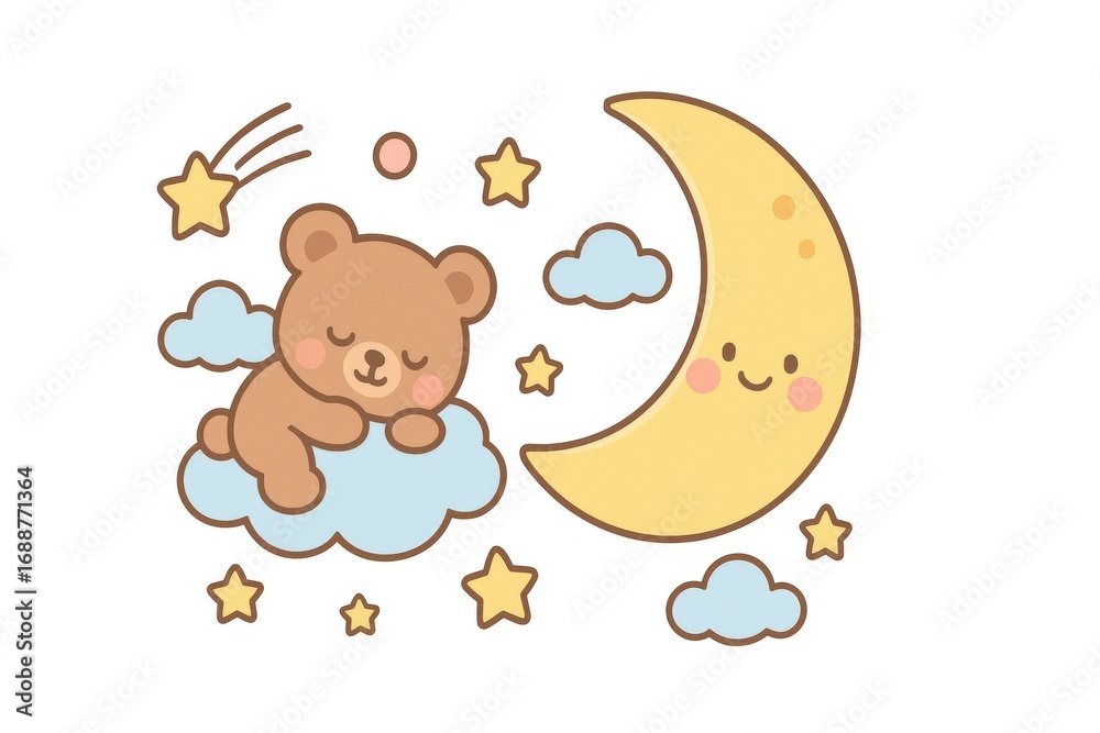 Naklejka premium a cute bear is sleeping peacefully on a cloud with a crescent moon and stars, creating a dreamy scene