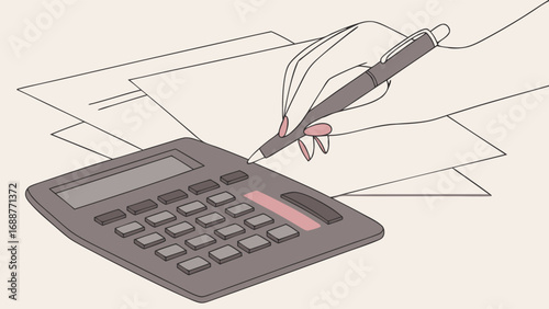 Close-up illustration of a hand writing on paper near a calculator.