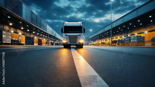 A large semi truck is driving down a road at night. The truck is the main focus of the image, and the road is empty, giving the impression of a quiet and peaceful night