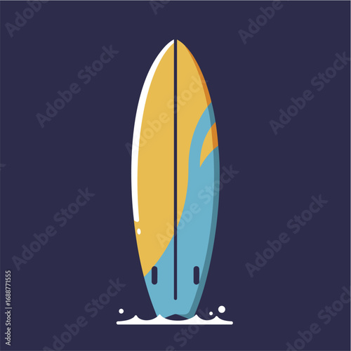A stylized illustration of a surfboard with yellow and blue accents, standing upright.