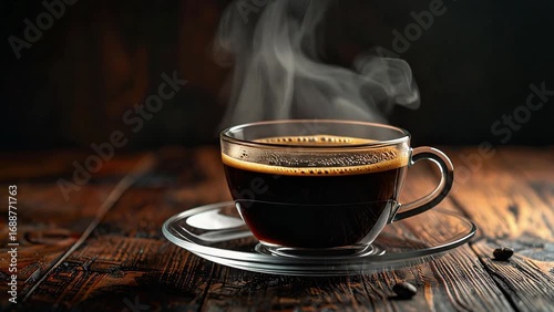 Steaming black coffee in a clear glass cup on a saucer, with coffee beans on a rustic wooden table.