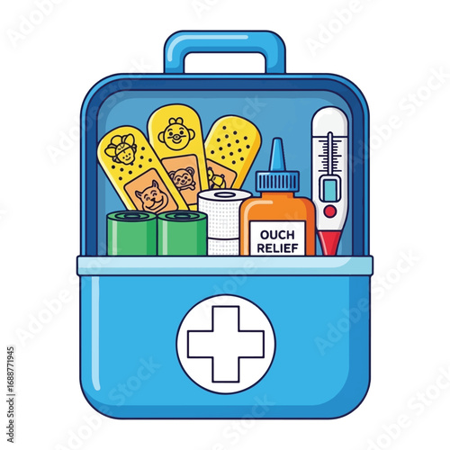 An open blue first aid kit filled with essential medical supplies like cartoon bandages, gauze, pain relief, and a thermometer, ready for emergencies.