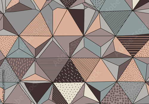 An abstract geometric composition featuring triangles and polygonal shapes with varied textures and color palettes