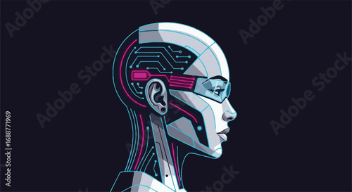 Futuristic AI Robot Head Profile with Visible Circuitry and Bionic Enhancements, Artificial Intelligence Concept Art