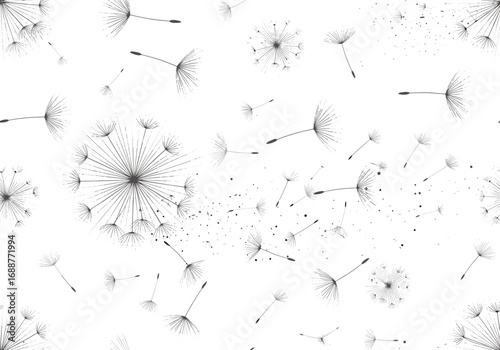 Abstract illustration of dandelion seeds floating on a white background symbolizing hope and new beginnings