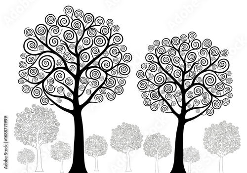 Whimsical spiral trees and abstract forest silhouette with detailed foliage and textured branches