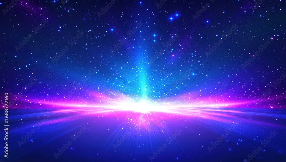 Naklejka premium Beautiful, glittering starry background with glowing particles and bokeh lights. Abstract blue, purple, and pink glow, a fantasy night sky. Vector illustration of a cosmic space background