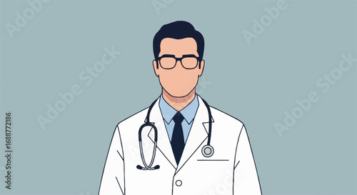 Professional male doctor illustration in white lab coat with stethoscope and glasses. Healthcare worker, medical staff, flat design.