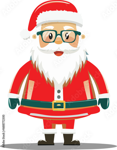 Funny Santa Claus icon with a white beard, red costume, and spectacles, a holiday decoration element.