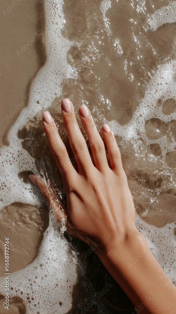 Fototapeta premium Manicured hand touching ocean foam on beach shore. Perfect nail care and spa wellness concept showcasing natural beauty treatment and peaceful seaside relaxation moments.