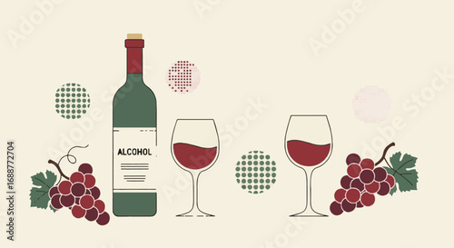 Minimalist flat vector illustration of a red wine bottle, two wine glasses, and fresh grapes on a light background. Alcoholic beverage concept.