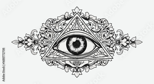 Detailed all-seeing eye in triangle illustration, ornate baroque scrollwork, esoteric spiritual symbol, mystical design, vintage engraving style art.