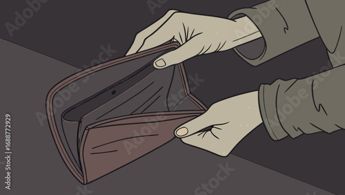 Empty Wallet Hands Holding Open Purse Financial Difficulty Lack of Money Poverty Broke Destitute Illustration Drawing Graphic Design.