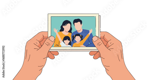 Hands holding a cherished family photograph, an illustration of parents and children together, representing happy memories and connection.