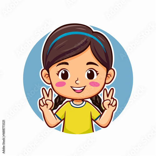 girl showing two fingers gesture logo banner hand drawn cartoon art illustration